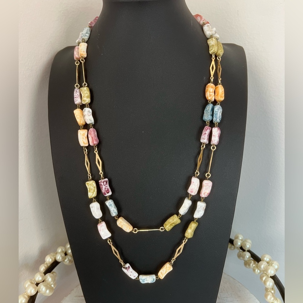 Vintage Czech Glass Picasso Bead Necklace 46” B23